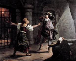 Manrico y Azucena están encarcelados en la torre del Palacio de Aliaferia, Leonora intenta salvarlos Ilustración para “Il trovatore” de Giuseppe Verdi (1813-1901)