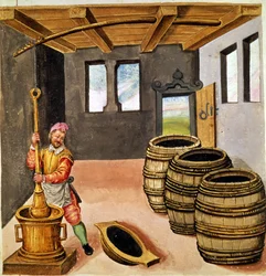 Fabricación de pólvora negra - en "Manuale di pirotechnia, armeria e fortificazioni" del siglo XVI