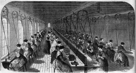 Fabricación de pluma cementada: trabajadores en un taller de impresión en una fábrica de Birmingham en “Le Journal Illustre”