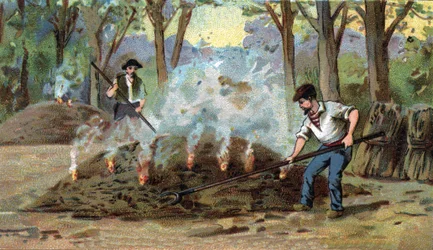Fabricación de carbón, horno de combustión. Cromolitografía de finales del siglo XIX