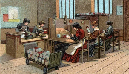 Fabricación de fuegos artificiales. Cromolitografía de finales del siglo XIX