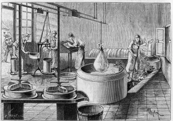 Fabricación de gruyere: una quesería moderna. Grabado en "La Naturaleza: revista de ciencias y sus aplicaciones a las artes y a la industria" del 19 de septiembre de 1891