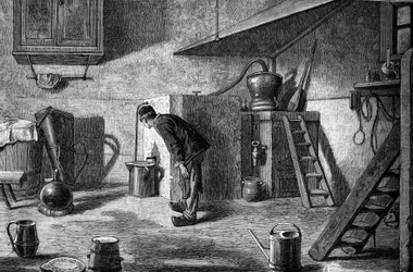 Fabricación de kirsch: destilación, castillo de Isenberg en Alsacia. Grabado en "Le Journal de la jeunesse"
