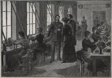 Fabricación de plumas metálicas: taller de afilado en Francia en el siglo XIX. Grabado de 1885 en "Les arts et metiers illustres" por Adolphe BITARD