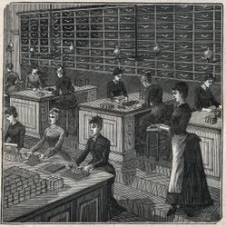 Fabricación de plumas metálicas: clasificación y envoltura de plumas en una fábrica en Francia en el siglo XIX. Grabado de 1885 en “Les arts et metiers illustres” de Adolphe Bitard.