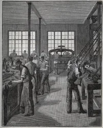 Fabricación de portaplumas y portalápices. Grabado de 1885 en “Les arts et metiers illustres” de Adolphe Bitard.