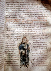 Página de manuscrito de “De simplicibus medicamentis” de Claude Galien (Klaudios Galenos o Claudio Galeno o Claudius Galenus o Galeno, v. 131 - v. 201). Siglo VIII o IX. Gobernativa de Lucca.