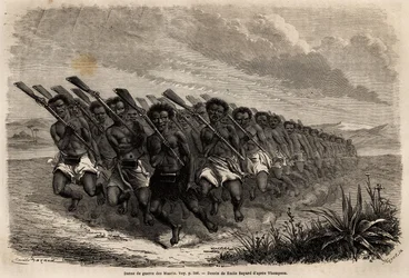 Danza de guerra maorí, dibujo de Emile Bayard (1837-1891), para ilustrar el viaje de Ferdinand de Hochstetter a Nueva Zelanda de 1858 a 1860. Grabado en "Le tour du monde", editado por Edouard Charton