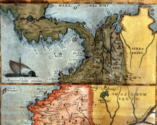 Mapa de América Central en el siglo XVI: arriba muestra las regiones de Perú, Amazonas y Bogotá (Panamá, Colombia y Venezuela)