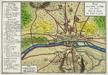 Mapa de la Ciudad de París bajo el Reinado de Luis el Joven (Luis VII 1120-1180) Rey de los Francos. Grabado del siglo XIX