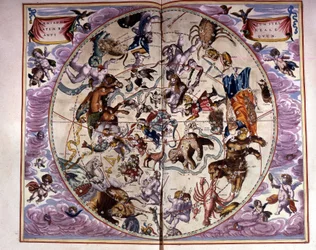 Mapa del cielo y signos del zodiaco - facsímil de una composición antigua que representa las constelaciones del cielo del norte, según la “Harmonia Macrocosmica” de André Cellarius