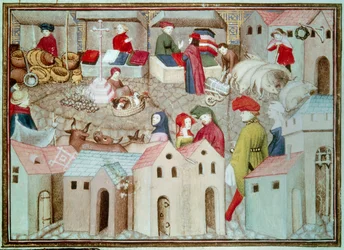Mercado de Champeaux en París. Comerciantes de ganado y aves, pañeros. Miniatura tomada de El Caballero Errante de Thomas de Saluces (Tommaso III di Saluzzo), circa 1403-1404. París, B.N.