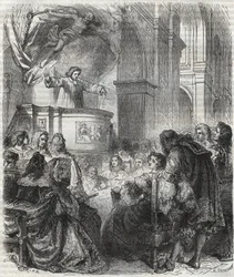 María de Rabutin-Chantal, marquesa de Sévigné conocida como Madame de Sévigné (1626-1696), escucha a Louis Bourdaloue (1632-1704) francés en la iglesia de los jesuitas, Saint-Louis en París - grabado de 1866