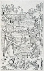 Animales marinos y monstruos - portada del capítulo "De Piscibus" de "Hortus Sanitatis", edición de Maguncia del año 1491