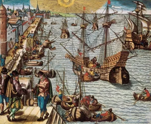 Comercio marítimo y comercio con las Indias Españolas, en particular la tenencia de caña de azúcar. Salida del puerto de Lisboa hacia las Indias Orientales, América y Brasil