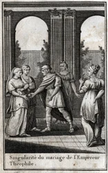 Matrimonio del emperador bizantino Teófilo (813-842): habiendo reunido a las mujeres más bellas del reino para encontrar esposa, eligió a Teodora y le ofreció una manzana dorada. Grabado en “Beaute de l