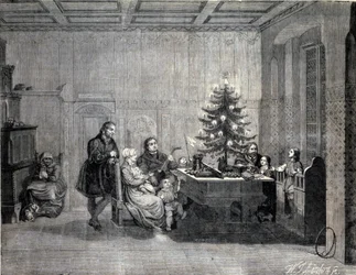 Martín Lutero (1483-1546) reformador religioso alemán celebrando la Navidad con la familia. Grabado del siglo XIX