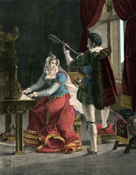 María Estuardo y David Rizzio - María I Estuardo (1542-1587) con David Rizzio - Grabado del siglo XIX