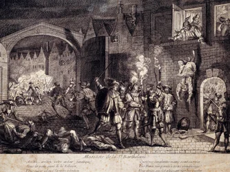 Masacre de San Bartolomé en París la noche del 24 de agosto de 1572. Grabado del siglo XVI. Pau, Museo del Castillo