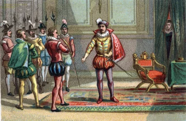 Masacre de San Bartolomé, el duque de Condé y Enrique de Navarra fueron llevados ante Carlos IX, rey de Francia (1550-1574), quien les ofreció la elección entre la misa y la muerte. Catalina de Médicis (Caterina de Medici) (1519-1589) observa la escena. Cr