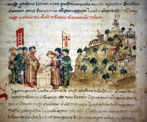 Mastino II della Scala (1308 - 1351) entrega a la ciudad de Florencia muchas tierras de Lucca, hacia 1300 - en las «Croniche del Sercambi», hacia 1400. Archivo Nacional, Lucca.