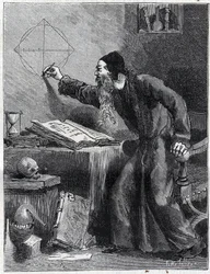 Matemáticas y Geometría: Investigador científico de la cuadratura del círculo en el siglo XVI. Grabado en "La Nature" 1890. Colección privada.