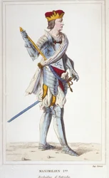 Maximiliano I (de Habsburgo). Archiduque de Austria, Rey de los Romanos y Emperador Germánico (1459 - 1519). Grabado de 1830