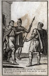 Maximiano Hércules (Marcus Aurelius Valerius Maximianus) (circa 250-310), emperador romano, se llena de miedo al ver a Constantino (Constantino I, Flavius Valerius Aurelius Constantinus, 272-306), su yerno, a quien cree haber apuñalado en su cama