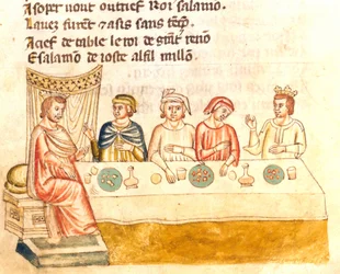 Comida del rey y sus súbditos. Miniatura del siglo XII. Biblioteca Marciana Venecia