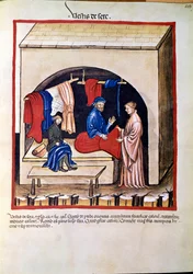 Comercio de medicina: "comerciante de ropa de seda". Página tomada de "Tacuinum sanitatis" (Cod. ser. nov. 2644) Alrededor de 1400. Viena, Biblioteca Nacional de Austria