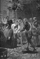 Encuentro de María de Médicis y Enrique IV (1601): María de Médicis (1573-1642) inclinándose ante su esposo, el rey de Francia Enrique IV (1553-1610). Grabado del siglo XIX. En “Histoire de France” de Jules Michelet
