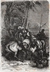 Encuentro de Marphise, Astolphe y Sansonnet - grabado de 1851 de “Roland furieux” (Orlando furioso) (siglo XVI) por Ludovico Ariosto, conocido como el Ariosta - Edición traducida del italiano por el Conde de Tressan