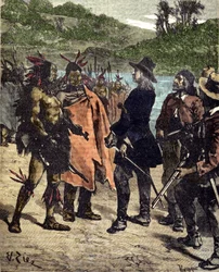 Encuentro de Robert Cavelier de La Salle (1643-1687) con los indios de América. Grabado del siglo XIX