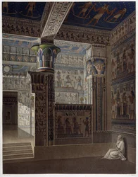 Memnonium Tebas, pl 37: Vista interior colorida del templo del oeste - en 
