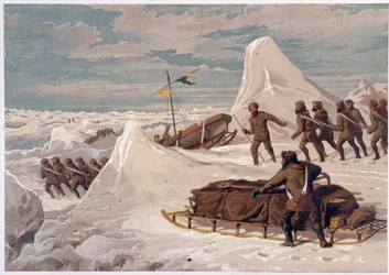 Hombres y trineos - en "Las costas del mar polar, una narración de expedición ártica", por el Dr. Edward Moos, Marcus Nard & Co, Londres