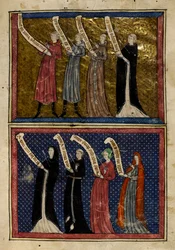 Hombres y mujeres heridos por el Dios del Amor de "Le Roman de la Rose".