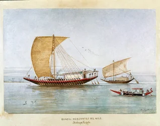 Barco mercante en el Nilo en el Antiguo Egipto (Acuarela)