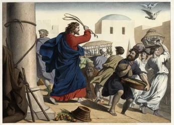 Mercaderes expulsados del templo. Grabado anónimo de mediados del siglo XIX