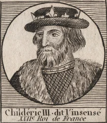 Dinastía Merovingia: Retrato de Childerico III (714-755) Rey de los Francos - grabado de “Instruction sur l