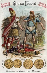 Merovingios: Clodoveo I derribando al soldado que había roto el vaso de Soissons, en 486. En Historia General de las Monedas. Cromolitografía de chocolate del final del siglo XIX. Colección privada.