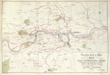 Plano de la Junta Metropolitana de Obras del plan de Bazalgette para las líneas de alcantarillas interceptoras principales, construidas para mejorar el drenaje de la metrópolis.