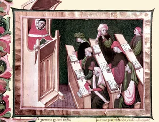 Edad Media: enseñanza en una universidad. Manuscrito de principios del siglo XV. Biblioteca Nacional Central de Florencia.