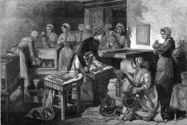 Partera, enfermeras e incubadoras: El equipo del hospital de maternidad para preservar la vida de los niños nacidos antes de término en París. Grabado en "Le Monde Illustré"