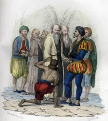 Miguel de Cervantes (1547-1616), escritor español, tomado prisionero en Argel en 1575. en “L