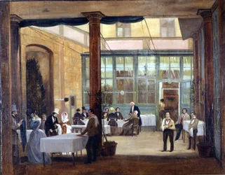 Milán, comedor del hotel Rebecchino. 1830. Stendhal vivió solo y sin dinero en este hotel, así como en muchos otros en Italia. Museo de Milán, Milán