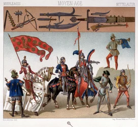 Trajes militares en la Edad Media entre 1439 y 1450. En "El Traje Histórico" por A. Racquet