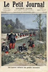 Ciclistas militares en las grandes maniobras. Grabado en "Le petit journal" 20/09/1896. Colección de Selva.
