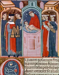 Escena de bautismo en miniatura tomada del Código de Justiniano (Codex Justinianus), colección de leyes e instituciones publicadas bajo el emperador romano Justiniano I de Bizancio (483-565)