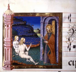 Miniatura que representa la creación de Adán y Eva por Dios. Antifonario. Siglo XV