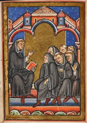 Miniatura de Cuthbert enseñando a los monjes en el monasterio de Lindisfarne, del capítulo 16 de la Vida en prosa de San Cuthbert, de Bede.